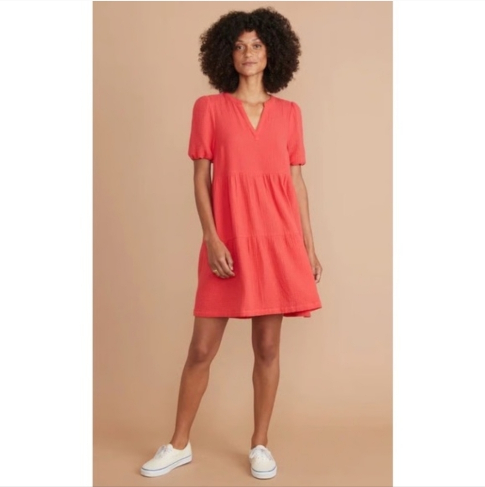 Marine Layer Jamie Gauze Textured Short Sleeve V Neck Tiered A Line Mini Dress